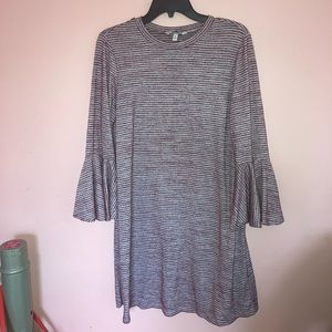 Long Flair Sleeve Striped Maroon Short Dress